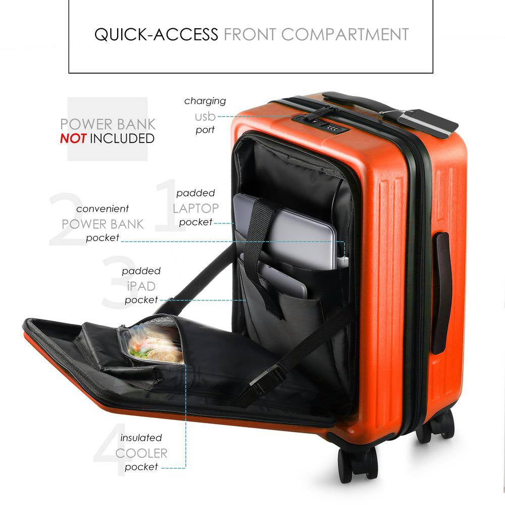 2-Piece Orange Hard Carry-On Weekender Luggage Set Expandable Spinner Airline Approved Suitcase, Exterior USB Port