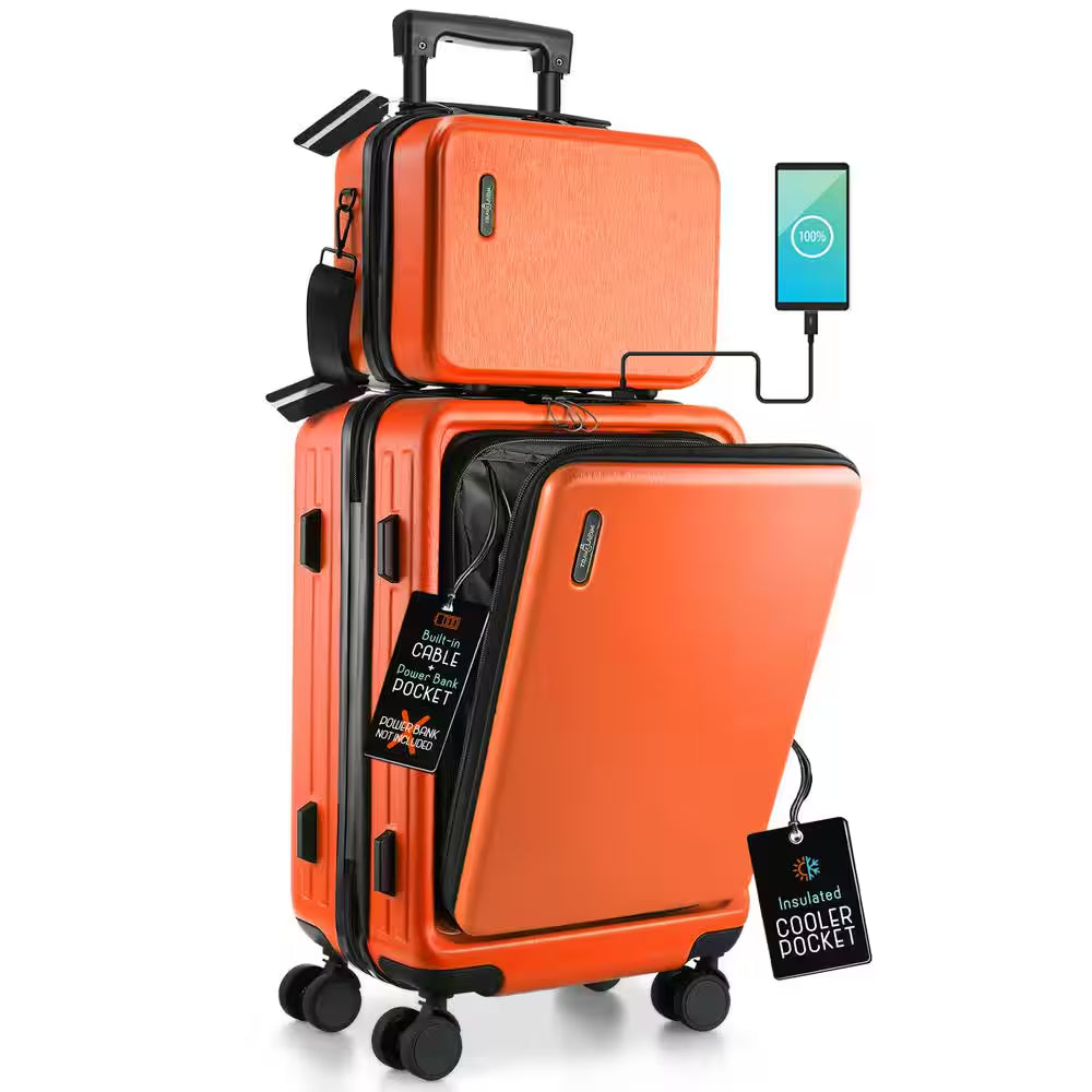 2-Piece Orange Hard Carry-On Weekender Luggage Set Expandable Spinner Airline Approved Suitcase, Exterior USB Port