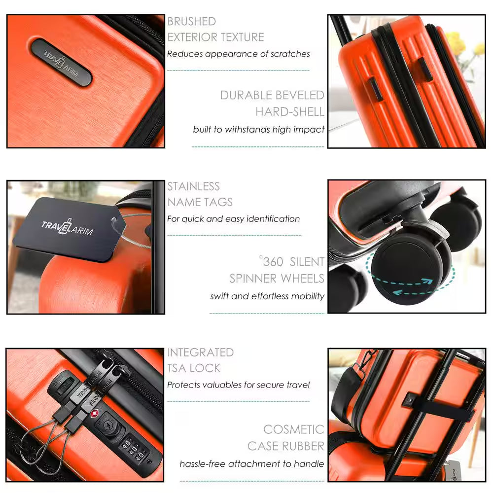 2-Piece Orange Hard Carry-On Weekender Luggage Set Expandable Spinner Airline Approved Suitcase, Exterior USB Port