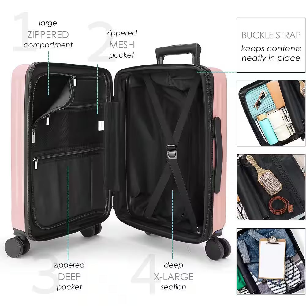 2-Piece Pink Hard Carry-On Weekender Luggage Set Expandable Spinner Airline Approved Suitcase Exterior USB Port
