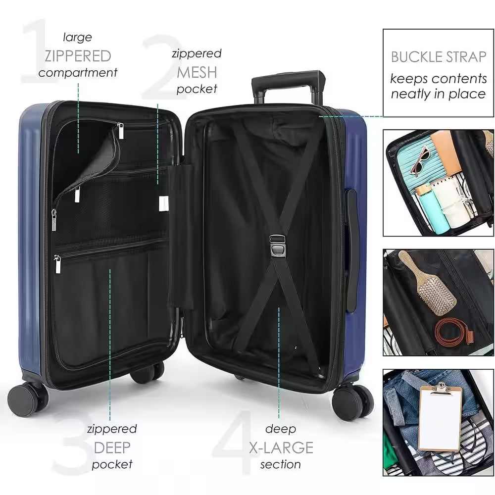 2-Piece Navy Hard Carry-On Weekender Luggage Set Expandable Spinner Airline Approved Suitcase Exterior USB Port