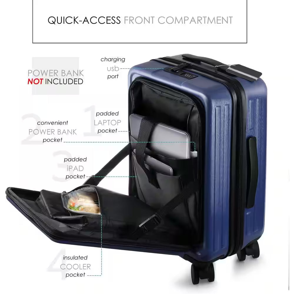 2-Piece Navy Hard Carry-On Weekender Luggage Set Expandable Spinner Airline Approved Suitcase Exterior USB Port