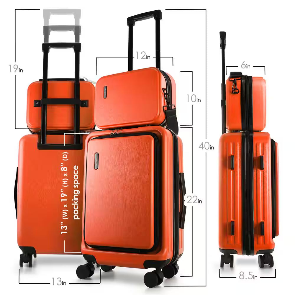 2-Piece Orange Hard Carry-On Weekender Luggage Set Expandable Spinner Airline Approved Suitcase, Exterior USB Port