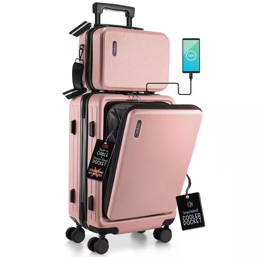 2-Piece Pink Hard Carry-On Weekender Luggage Set Expandable Spinner Airline Approved Suitcase Exterior USB Port