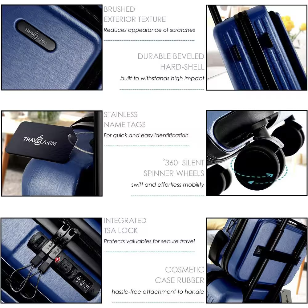 2-Piece Navy Hard Carry-On Weekender Luggage Set Expandable Spinner Airline Approved Suitcase Exterior USB Port